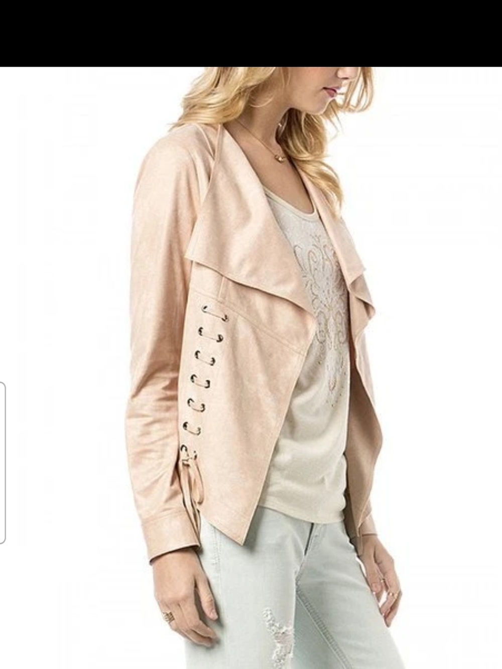 Miss Me Blush Faux-Suede Draped Jacket with Lace-Up Sides Size Medium